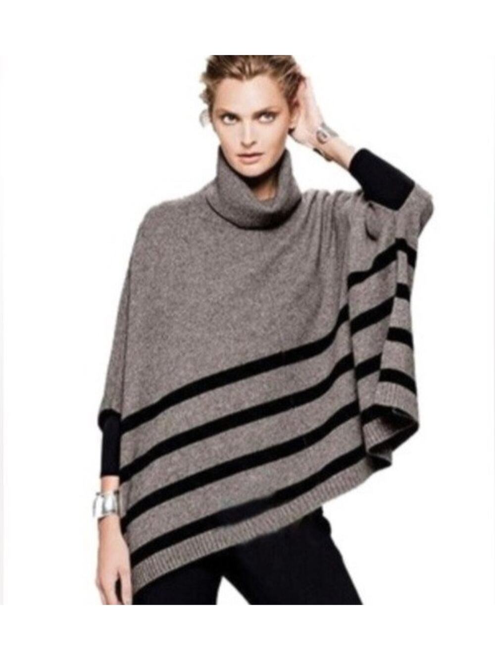 TAHARI Women's M Wool & Yak Poncho Sweater Brown Black Striped Soft Quiet Luxury